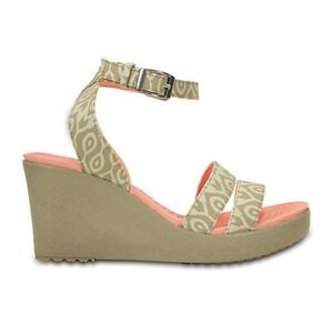 Crocs Womens Wedge Sandals Tan Beige Pattern Coral Pink Footbed Size 8